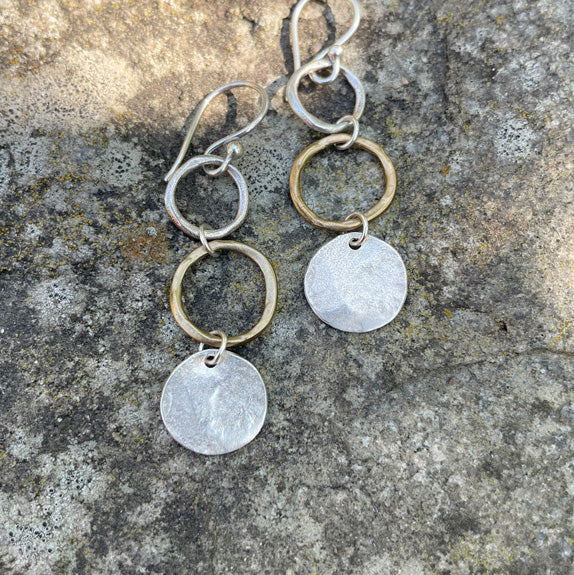 Mixed Circle Disc Earrings |  Silver & Bronze